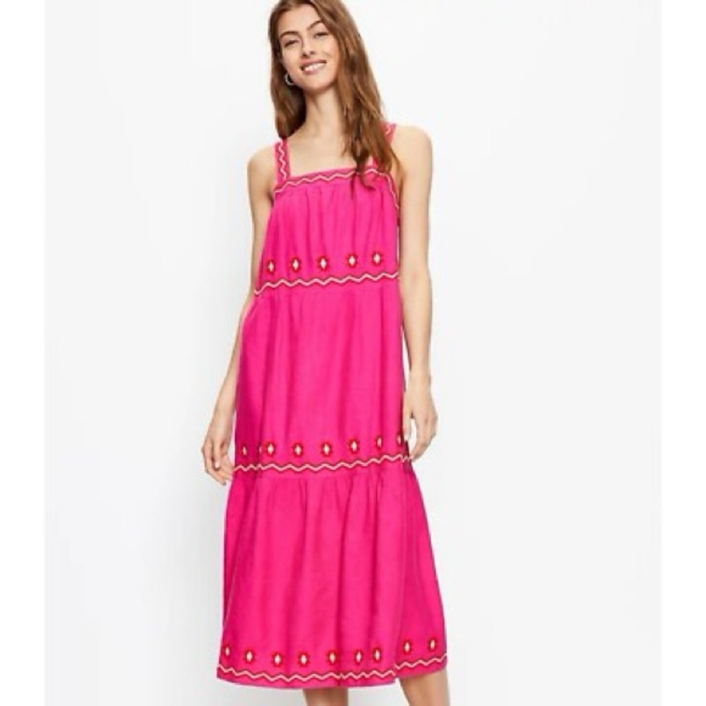 $110 Loft Pink Linen Blend Embroidered Tiered Square Neck MIDI Dress S
